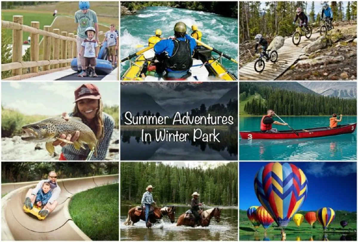 A vibrant, activity-filled scene featuring families enjoying outdoor activities: kayakers on a lake, cyclists on a trail, children playing on a water slide, people fishing, horseback riding, and hot air balloons drifting overhead.