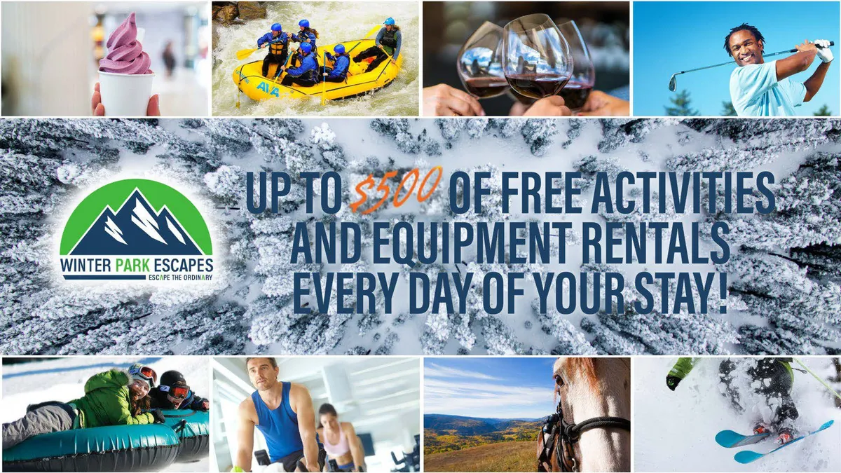 This energetic exterior image showcases a variety of outdoor adventure activities happening simultaneously: people whitewater rafting on a river, enjoying ice cream, toasting with wine glasses, golfing, sledding, horseback riding, and skiing. The image captures both winter and summer activities, conveying the versatility of experiences available.